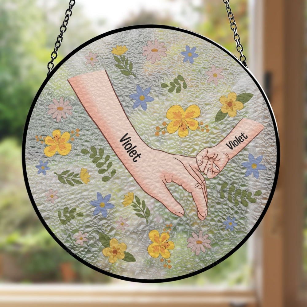 Custom Name Hanging Decor for Mom Daughter, Mother's Day Birthday Gifts • Mom Hold My Hand Also My Heart - Personalized Window Hanging Suncatcher