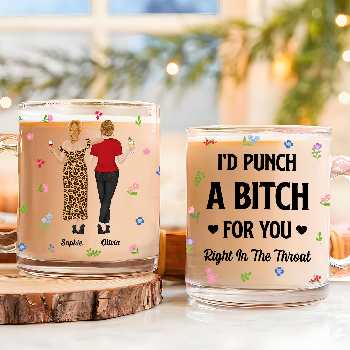 Custom Best Friend, Christmas & Birthday Friendship Keepsake Gift • Punch Bitch Besties - Personalized Glass Mug