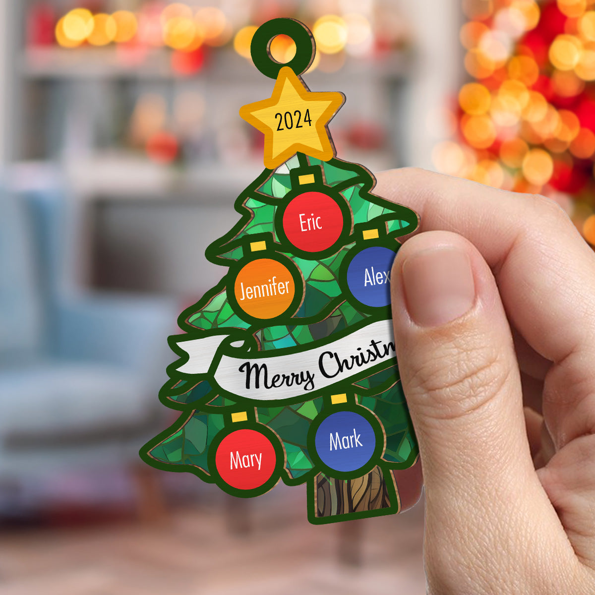 Custom Family Ornament, Christmas Gift for Family Members •  Christmas Tree Family Name - Personalized Suncatcher Ornament