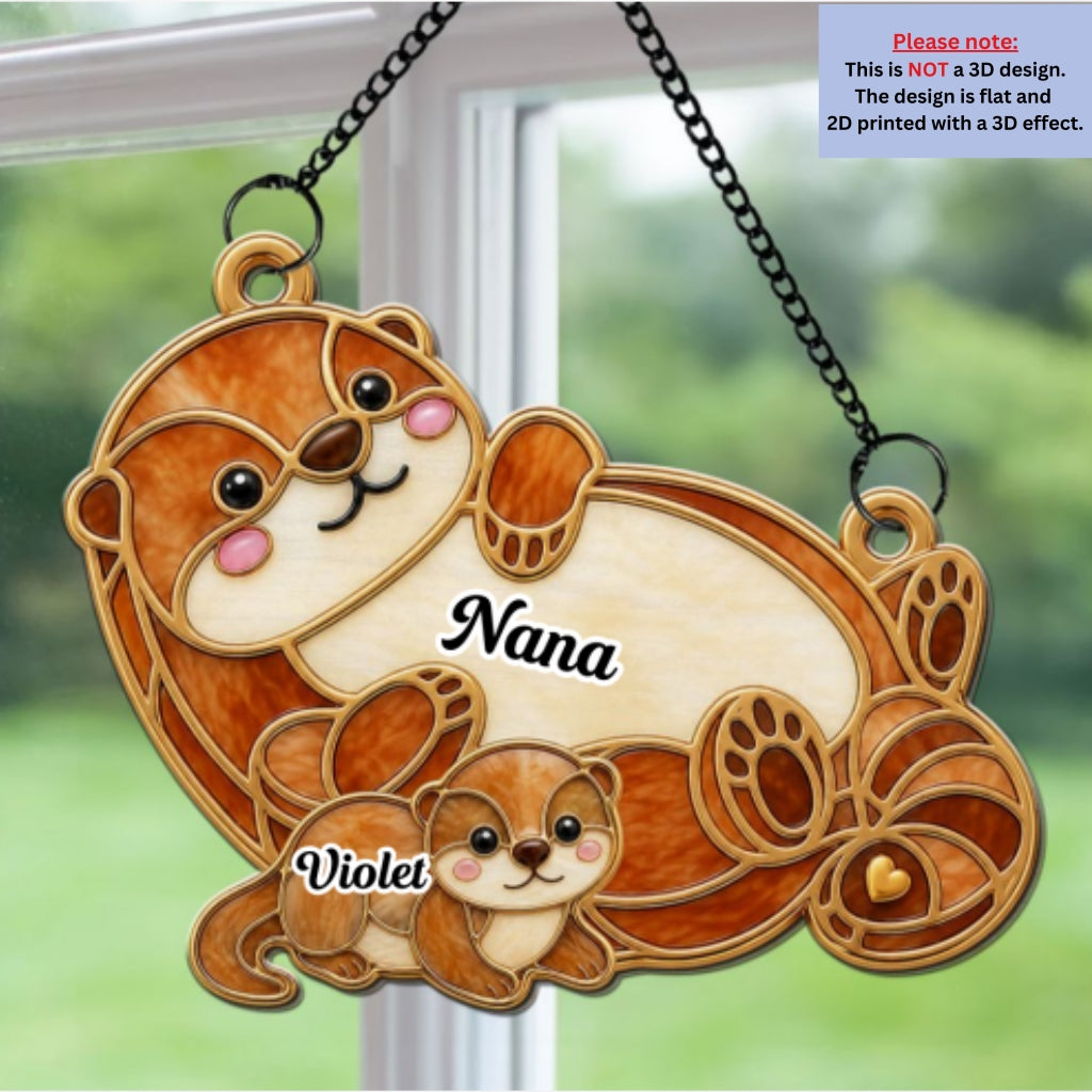 Custom Name Grandma Hanging Decor, Mother's Day Birthday Gifts • Otter Love - Personalized 3D Effect Suncatcher