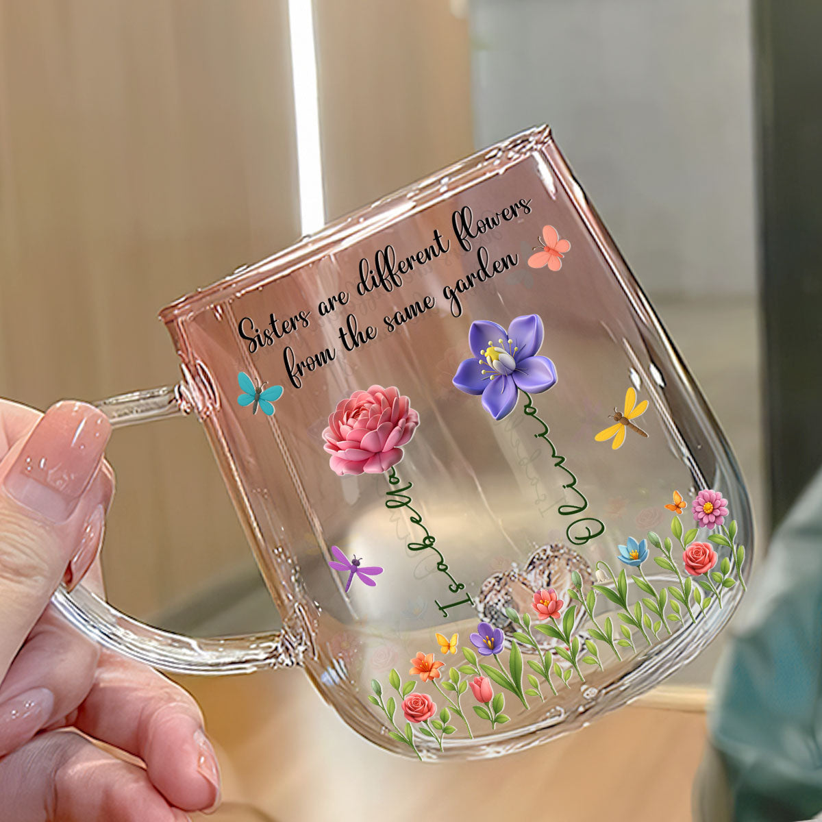 Custom Christmas & Birthday Gift For Sister • Sisters Are Flowers - Personalized Pink Gradient Glass Mug