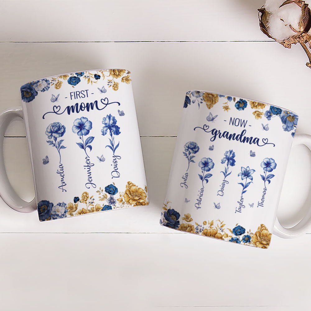 Custom Christmas & Birthday Gift For Grandma • Mom Then Grandma Now Blue Toile - Personalized Coffee Mug