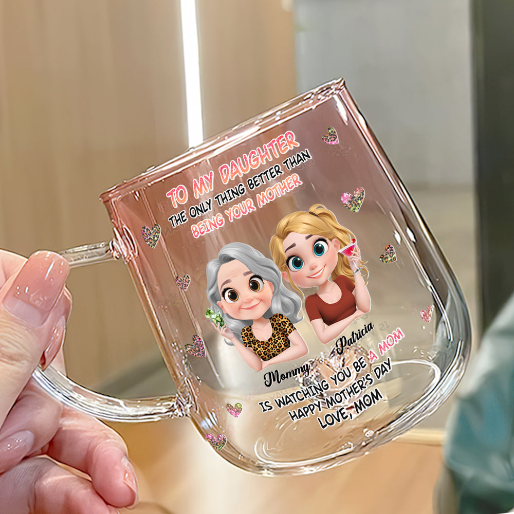 Custom Mother's Day Gift for Mom & Grandma • Watching You Be A Mom Cartoon - Personalized Pink Gradient Glass Mug