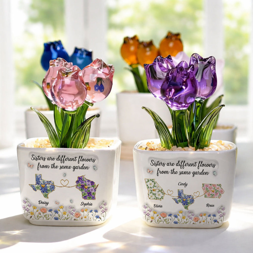 Custom Flower Keepsake, Glass Home Decor Gift for Soul Sister • Different Flowers Forever Connected - Personalized Glass Everlasting Tulips