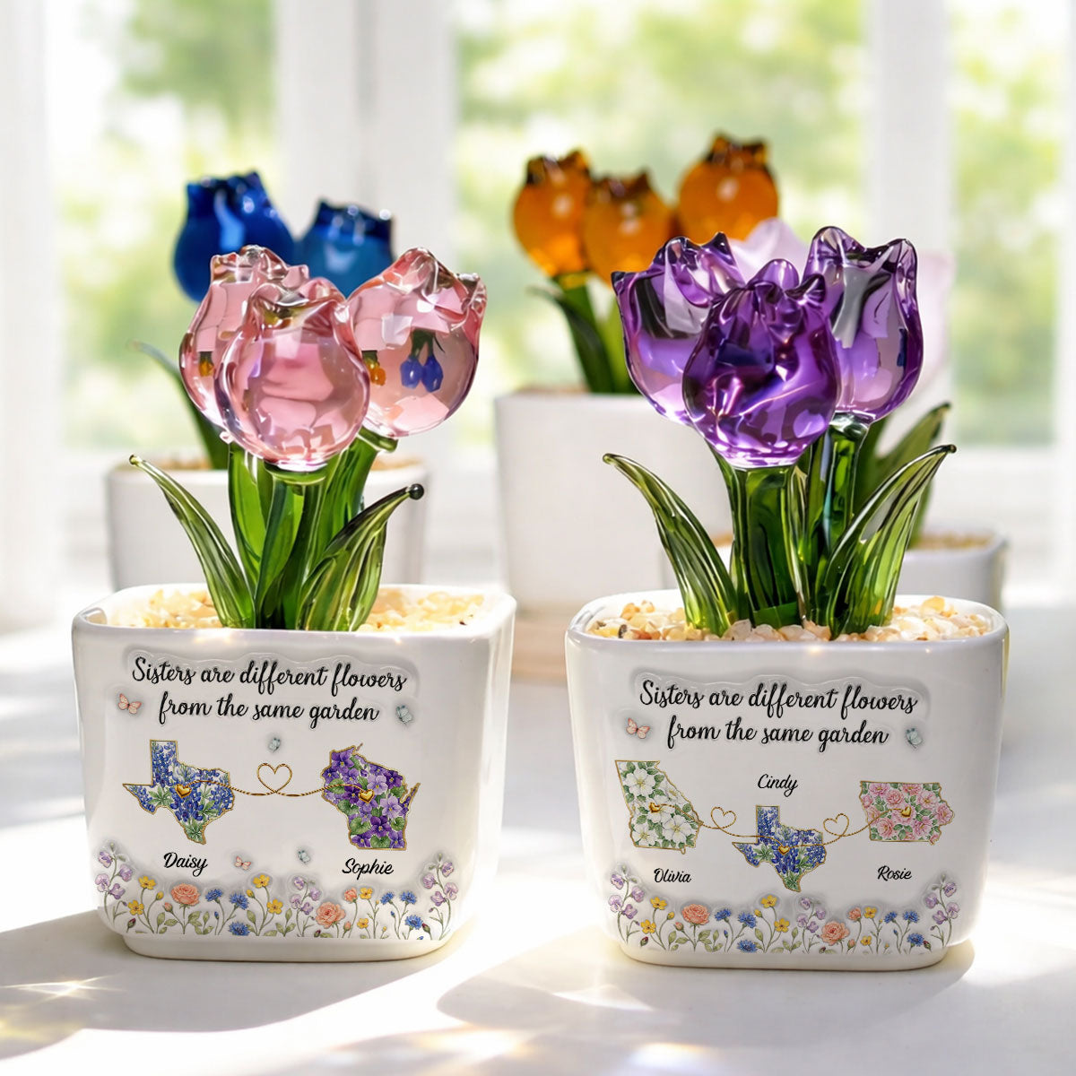 Custom Flower Keepsake, Glass Home Decor Gift for Soul Sister • Different Flowers Forever Connected - Personalized Glass Everlasting Tulips