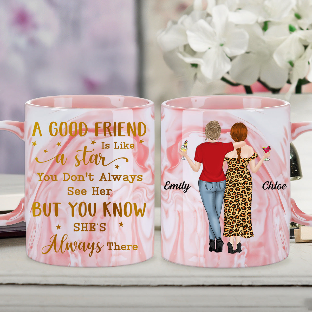 Custom Best Friend, Christmas & Birthday Friendship Keepsake Gift • Friends We Never Walk Alone - Personalized Pink Marble Mug