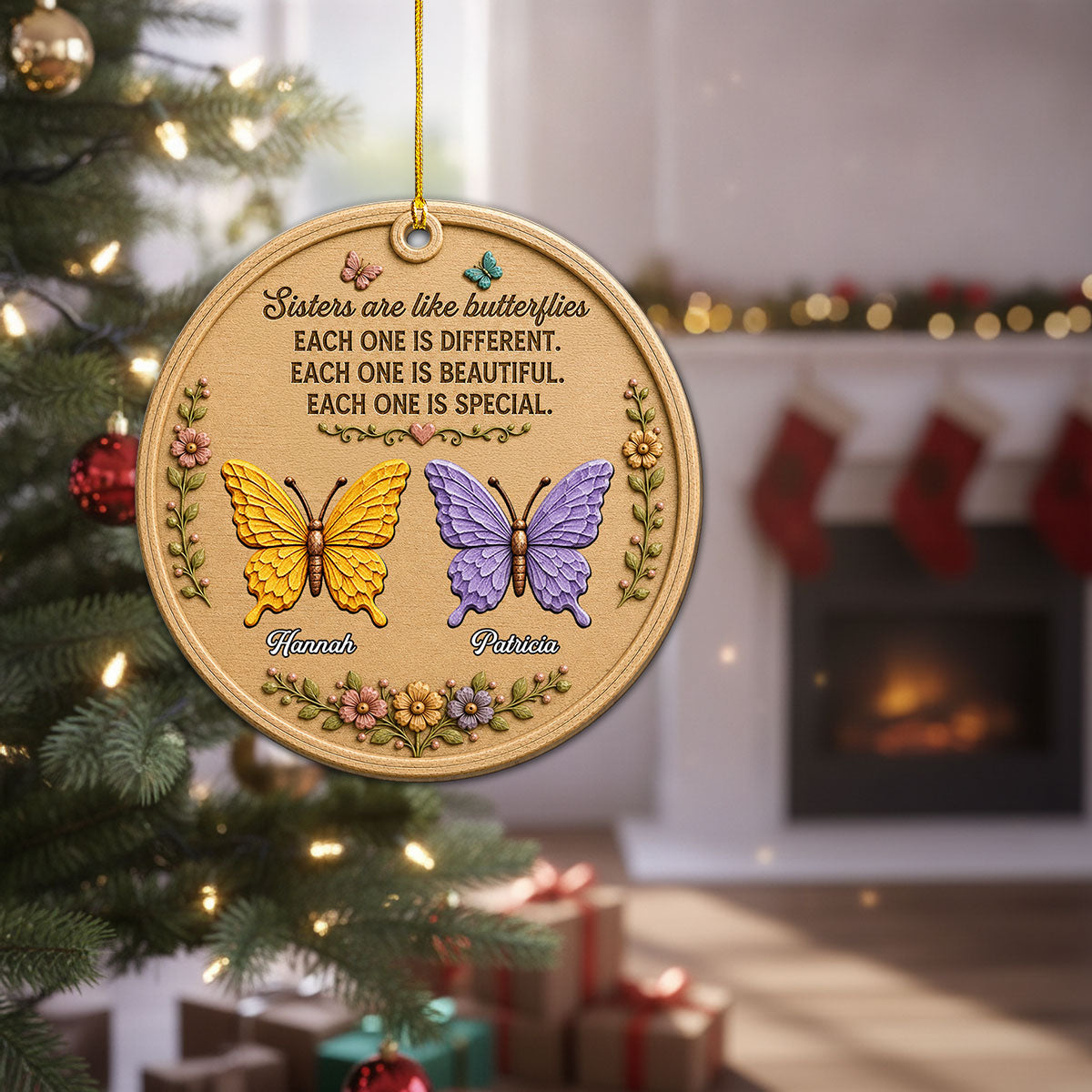 Custom Friendship Christmas Ornament, Best Friend Gift •  Sisters Are Like Butterflies - Personalized Wood Ornament