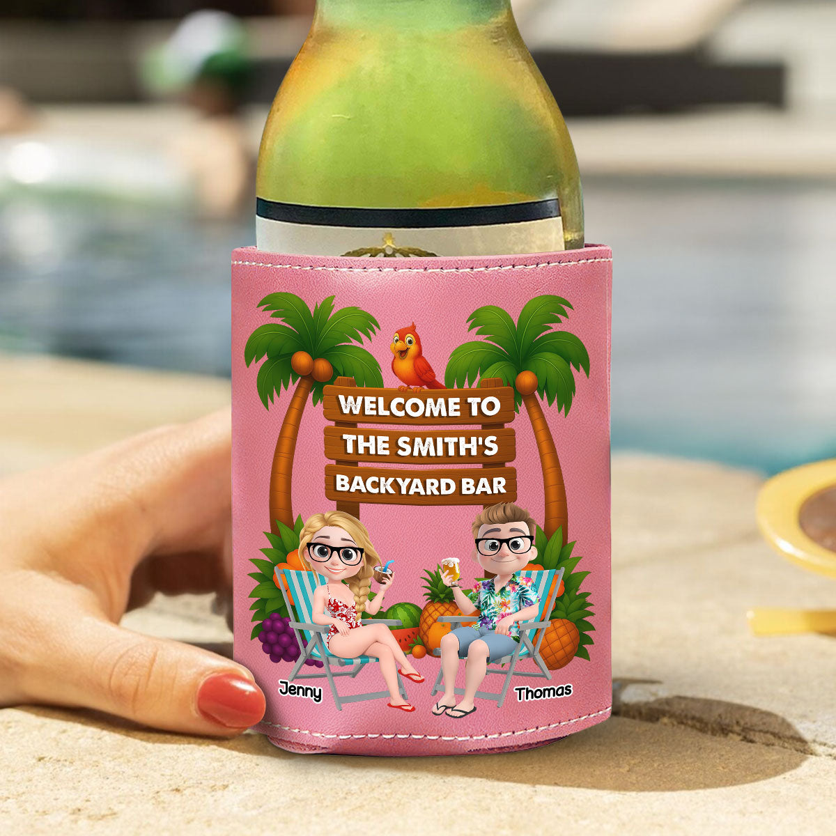 Welcome To Our Tiki Bar - Personalized Pink Leather Can Cooler Holder
