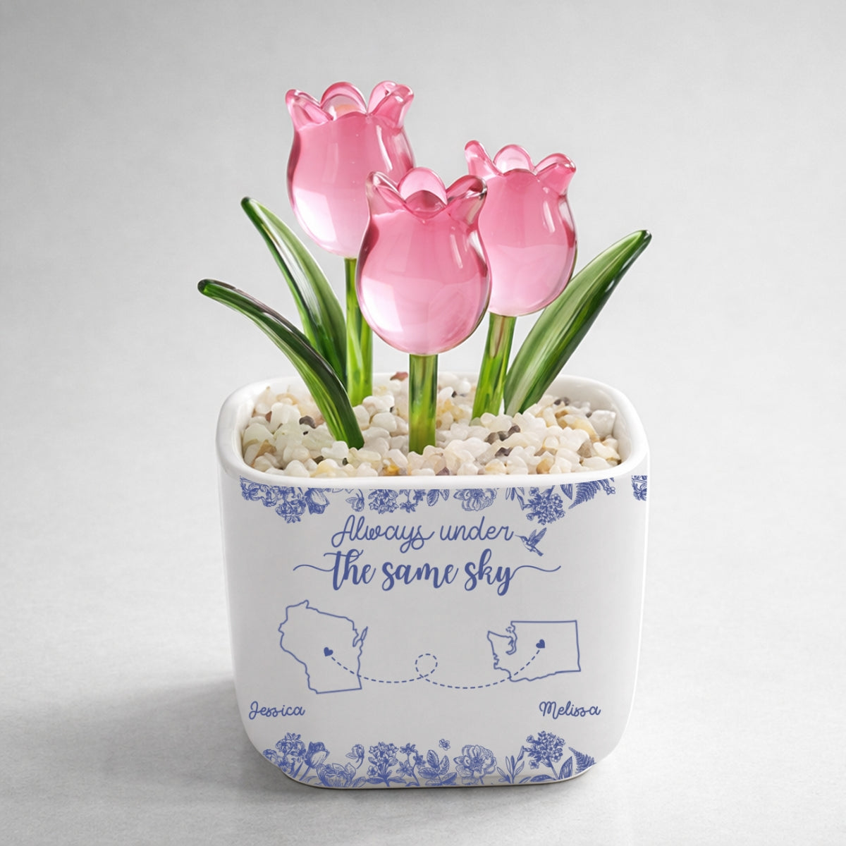 Custom Flower Keepsake, Glass Home Decor Gift for Best Friend • Always Under The Same Sky - Personalized Glass Everlasting Tulips
