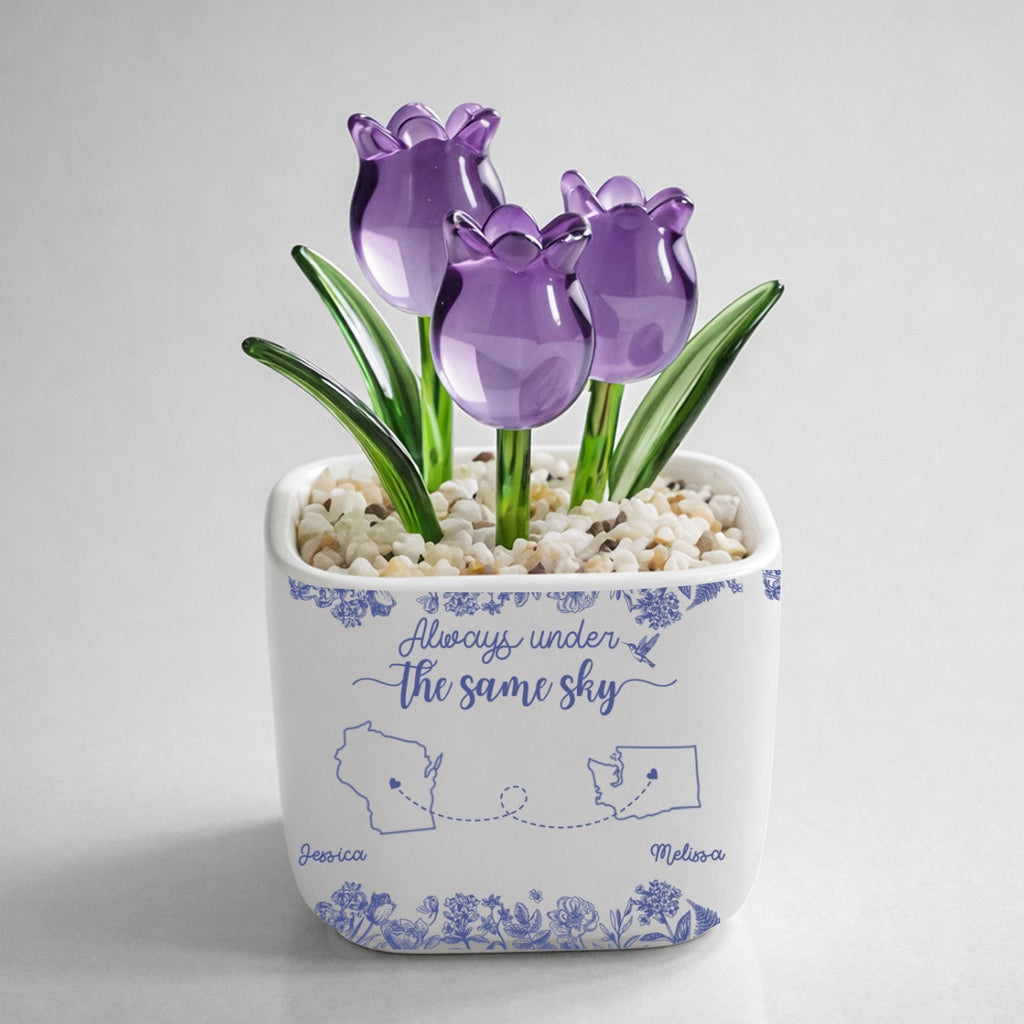 Custom Flower Keepsake, Glass Home Decor Gift for Best Friend • Always Under The Same Sky - Personalized Glass Everlasting Tulips
