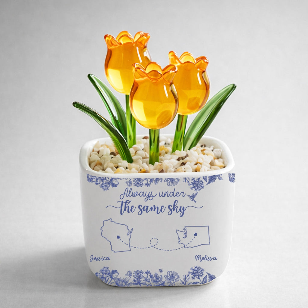 Custom Flower Keepsake, Glass Home Decor Gift for Best Friend • Always Under The Same Sky - Personalized Glass Everlasting Tulips