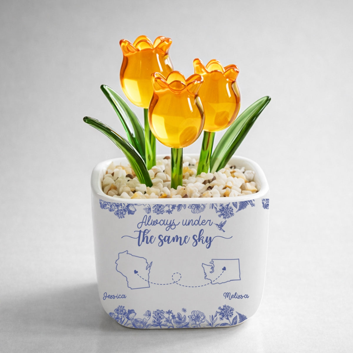 Custom Flower Keepsake, Glass Home Decor Gift for Best Friend • Always Under The Same Sky - Personalized Glass Everlasting Tulips