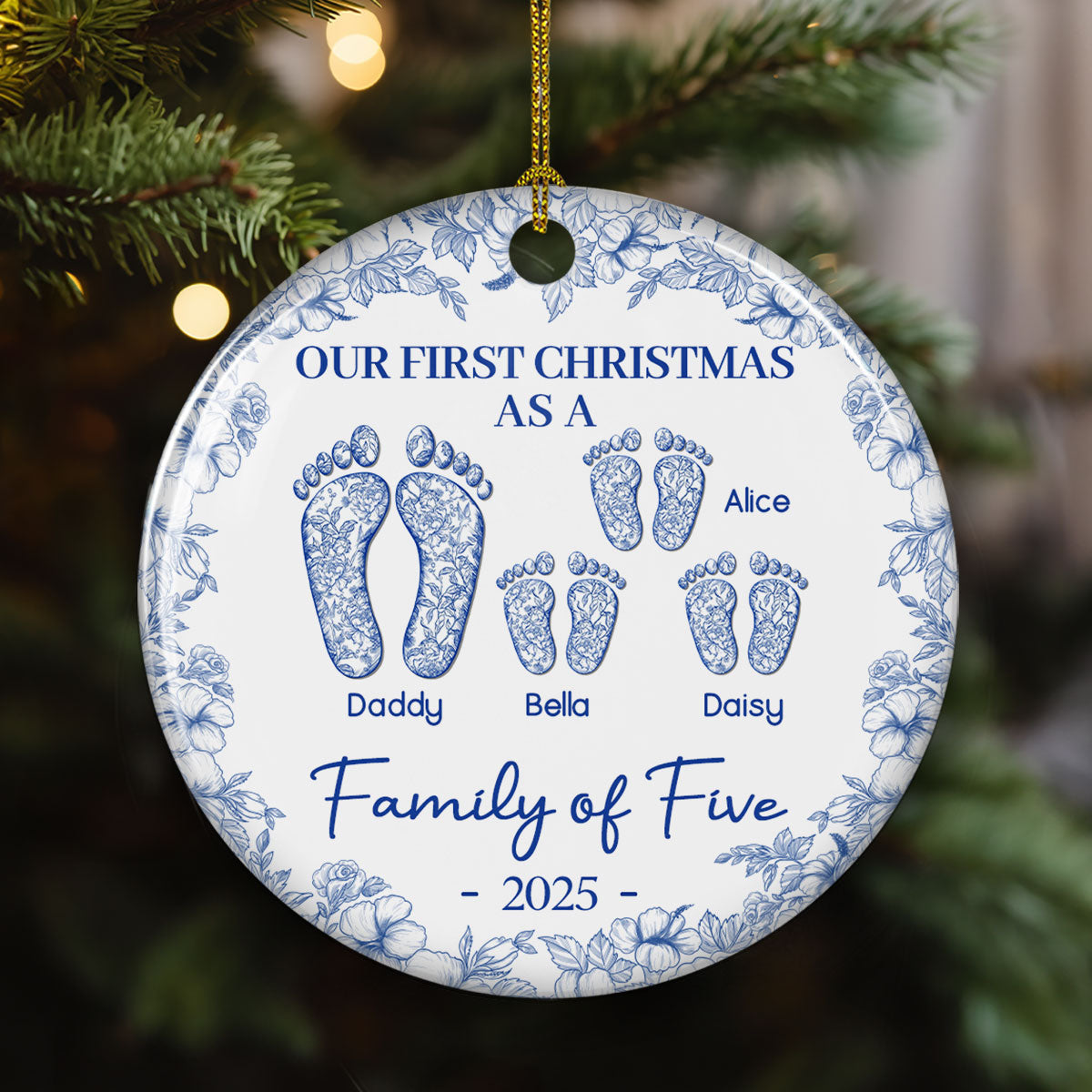 Custom Keepsake Christmas Ornament •  First Christmas As A Family Of Four Toile Footprints - Personalized Ceramic Ornament