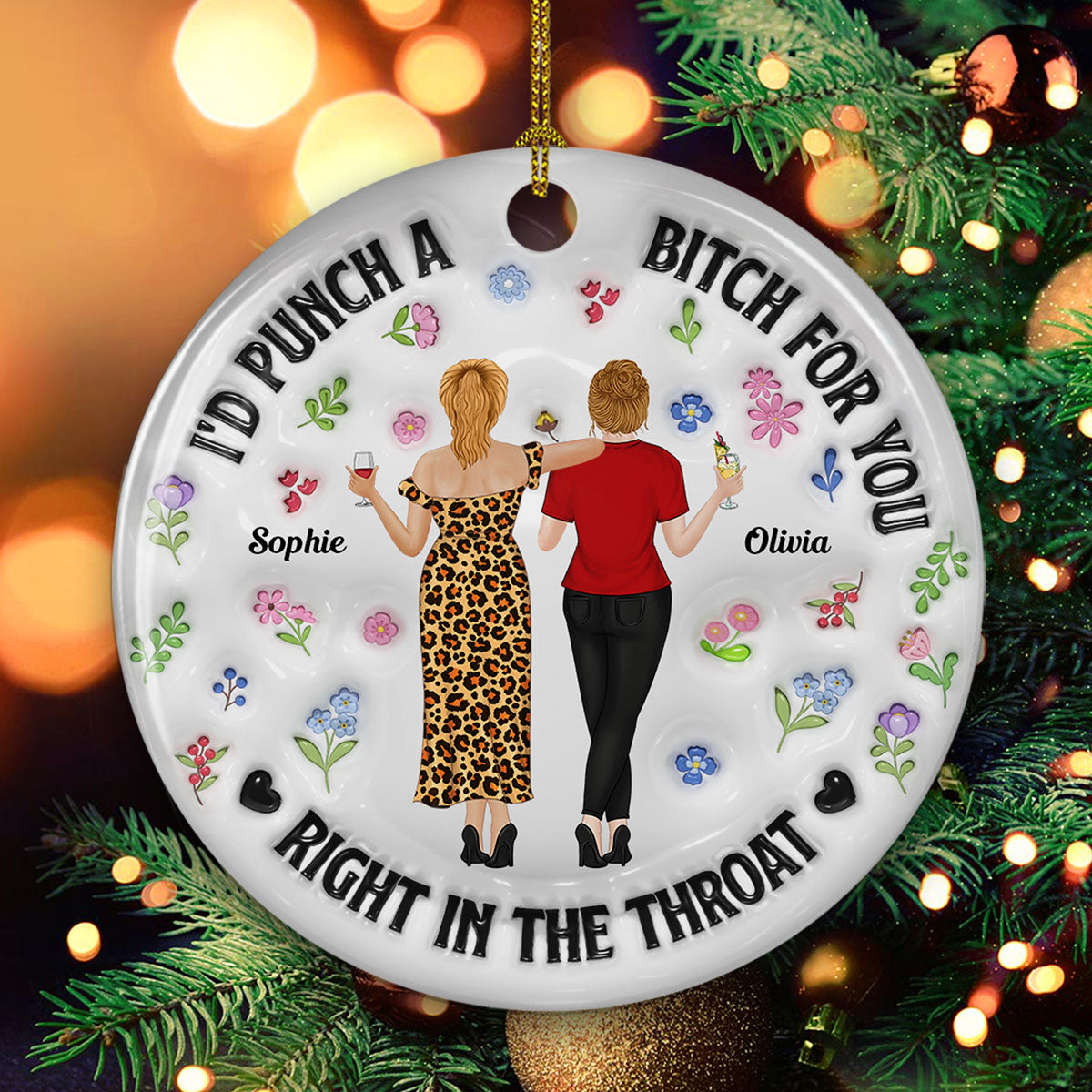 Custom Friendship Christmas Ornament, Best Friend Gift •  Punch Bitch Besties - Personalized 3D Inflated Effect Ceramic Ornament