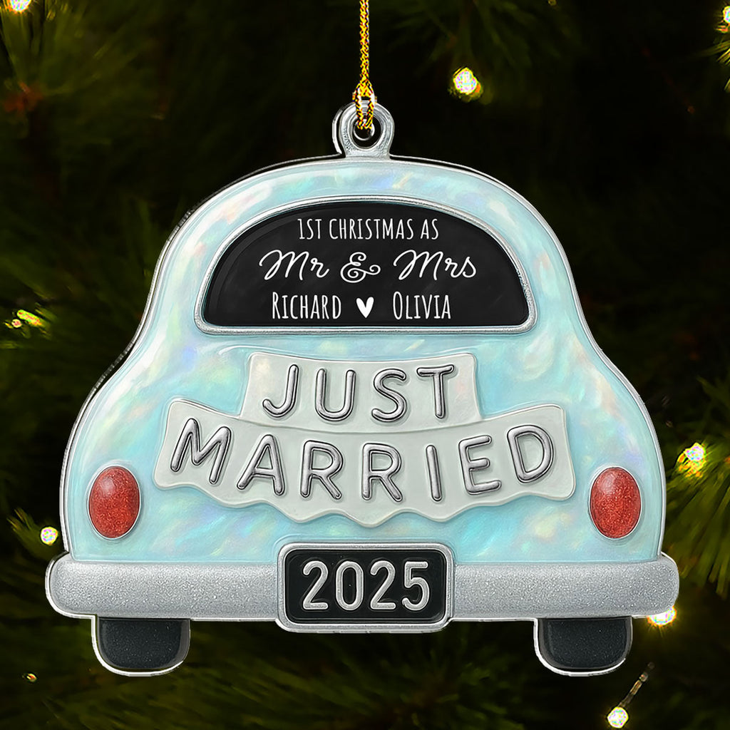 Custom First Christmas Ornament Married, Gift for Newlyweds •  Save The Date - Personalized 3D Effect Acrylic Ornament
