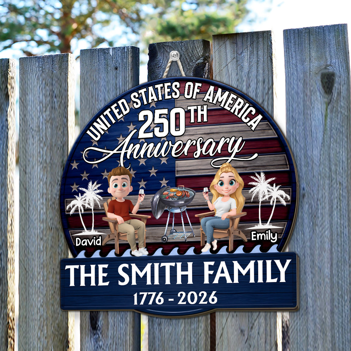 Custom Family Patriotic Hanging Decor, 4th of July • Patriotic Patio Vibes - Personalized Wood Sign