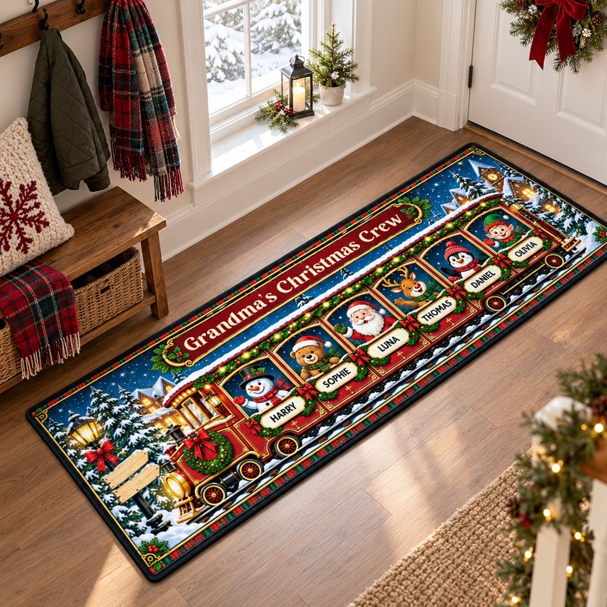 Custom Family Name Rug, Housewarming Birthday Gift For Family Members • Christmas Crew Train - Personalized Runner Rug