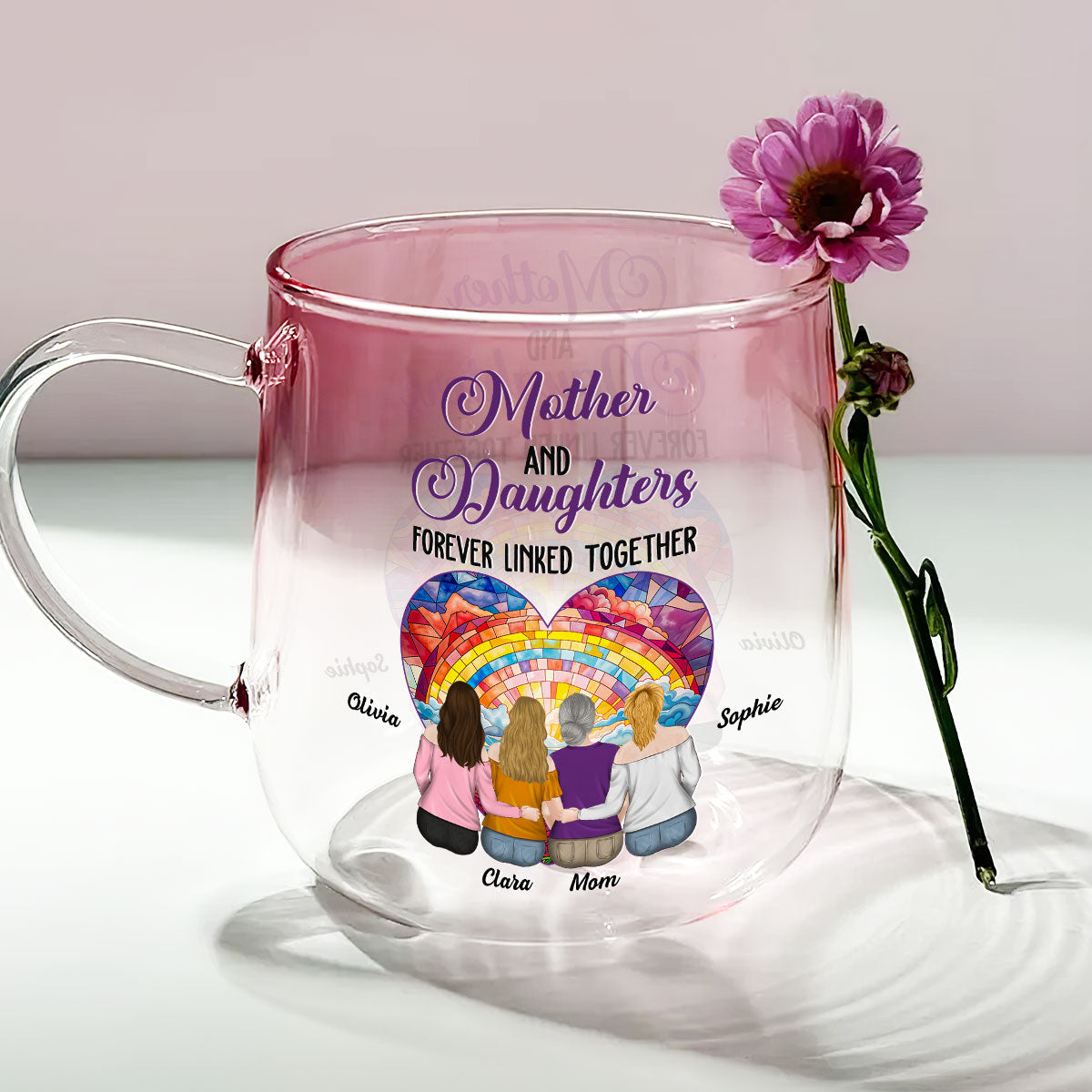 Custom Mother's Day Gift for Mom & Grandma • Side By Side Heart To Heart - Personalized Pink Gradient Glass Mug