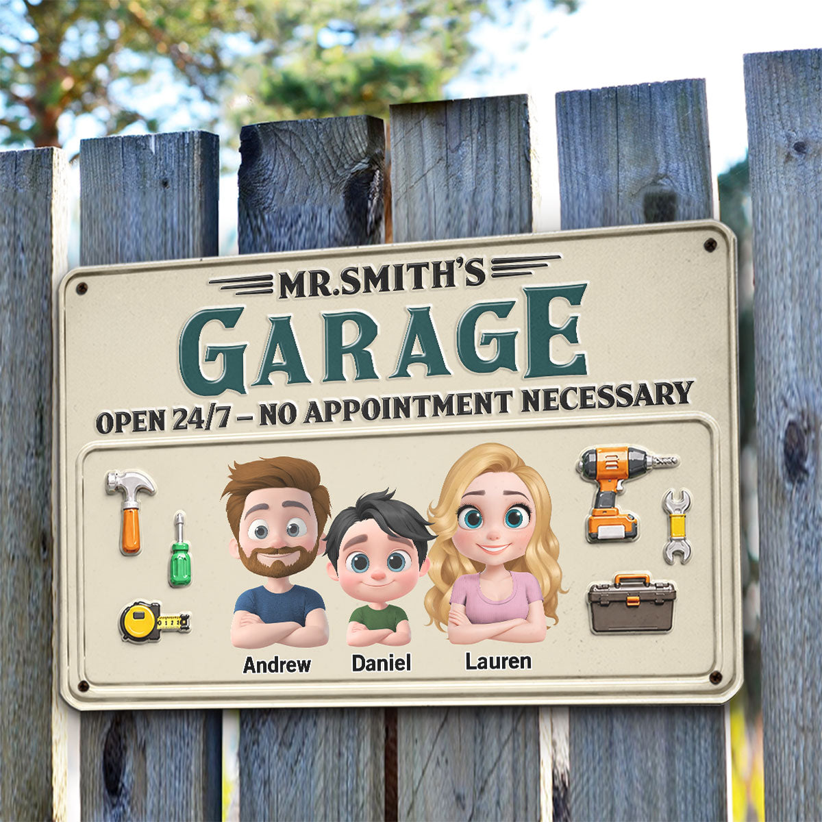 Custom Family Summer Backyard, Patio & Porch Decor • Mr Fix It Garage - Personalized Metal Sign