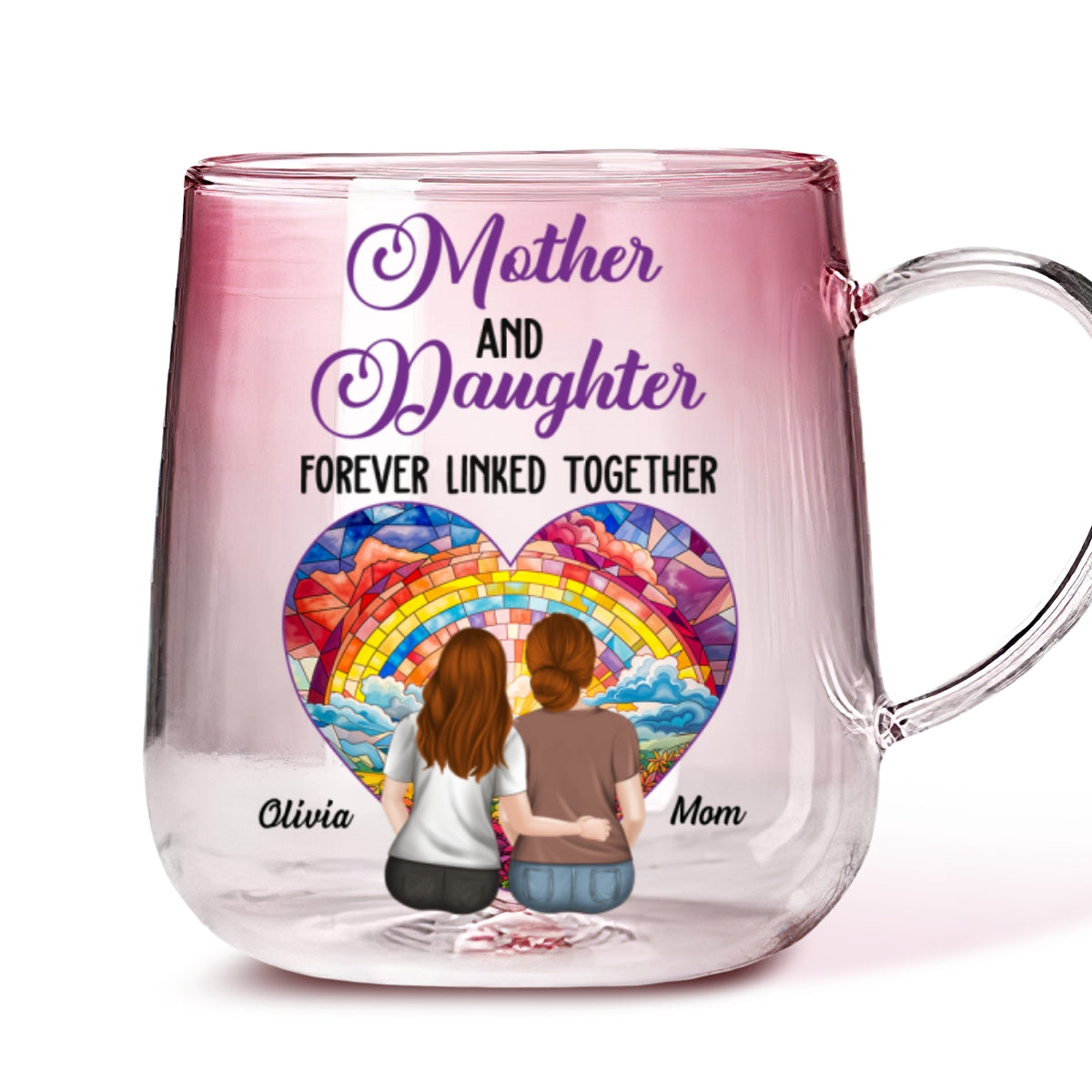 Custom Mother's Day Gift for Mom & Grandma • Side By Side Heart To Heart - Personalized Pink Gradient Glass Mug