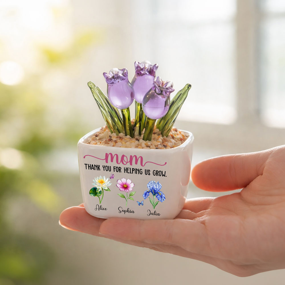Custom Mother's Day Flower Keepsake, Glass Home Decor Gift for Mom • Thank You For Helping Me Grow - Personalized Glass Everlasting Tulips