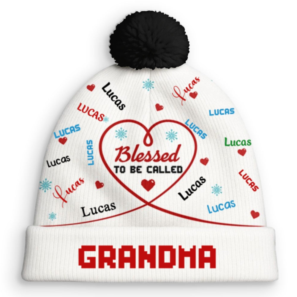 Custom Name Grandma Christmas Winter Hat • Blessed To Be Called Grandma - Personalized Bobble Beanie Hat