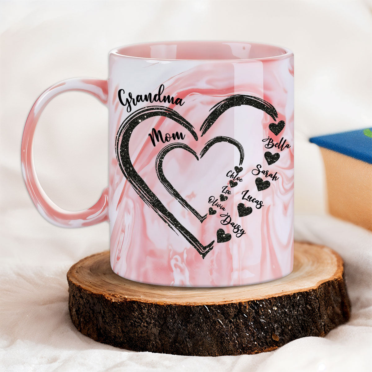 Custom Christmas & Birthday Gift For Grandma • Mom Grandma Sweethearts - Personalized Pink Marble Mug