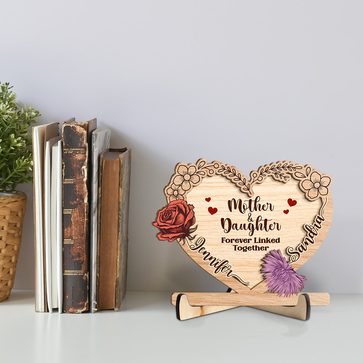 Custom Mother's Day Decor, Gift for Mom & Grandma • Linked Together Mom And Daughter - Personalized Wooden Plaque