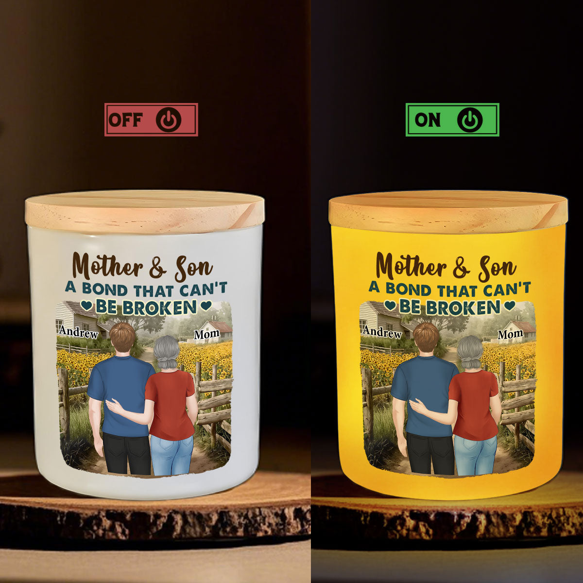 Sunflowers Mother And Child - Personalized Glass Jar With LED Candle