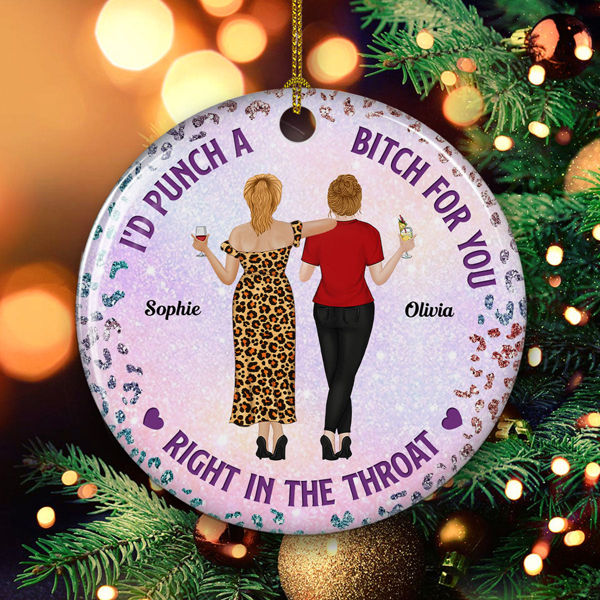 Custom Friendship Christmas Ornament, Best Friend Gift •  Punch Bitch Besties - Personalized Ceramic Ornament