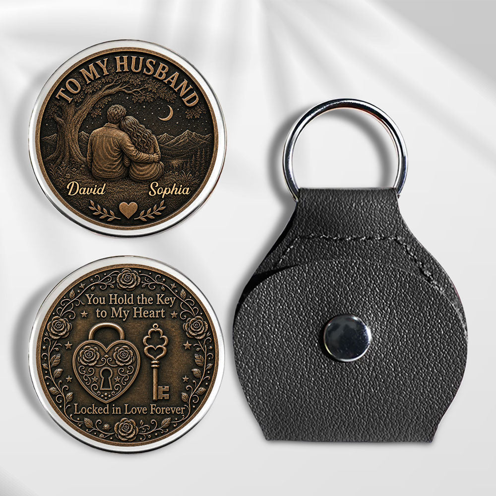 Custom Coin Keychain for Husband, Couple Anniversary Valentine's Day Gifts • Forever Locked In Love - Personalized Pocket Hug