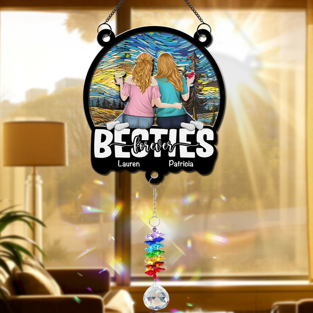 Custom Family Name Hanging Decor, Christmas Birthday Gift •  Besties Sitting Together - Personalized Suncatcher With Crystal Rainbow Charm