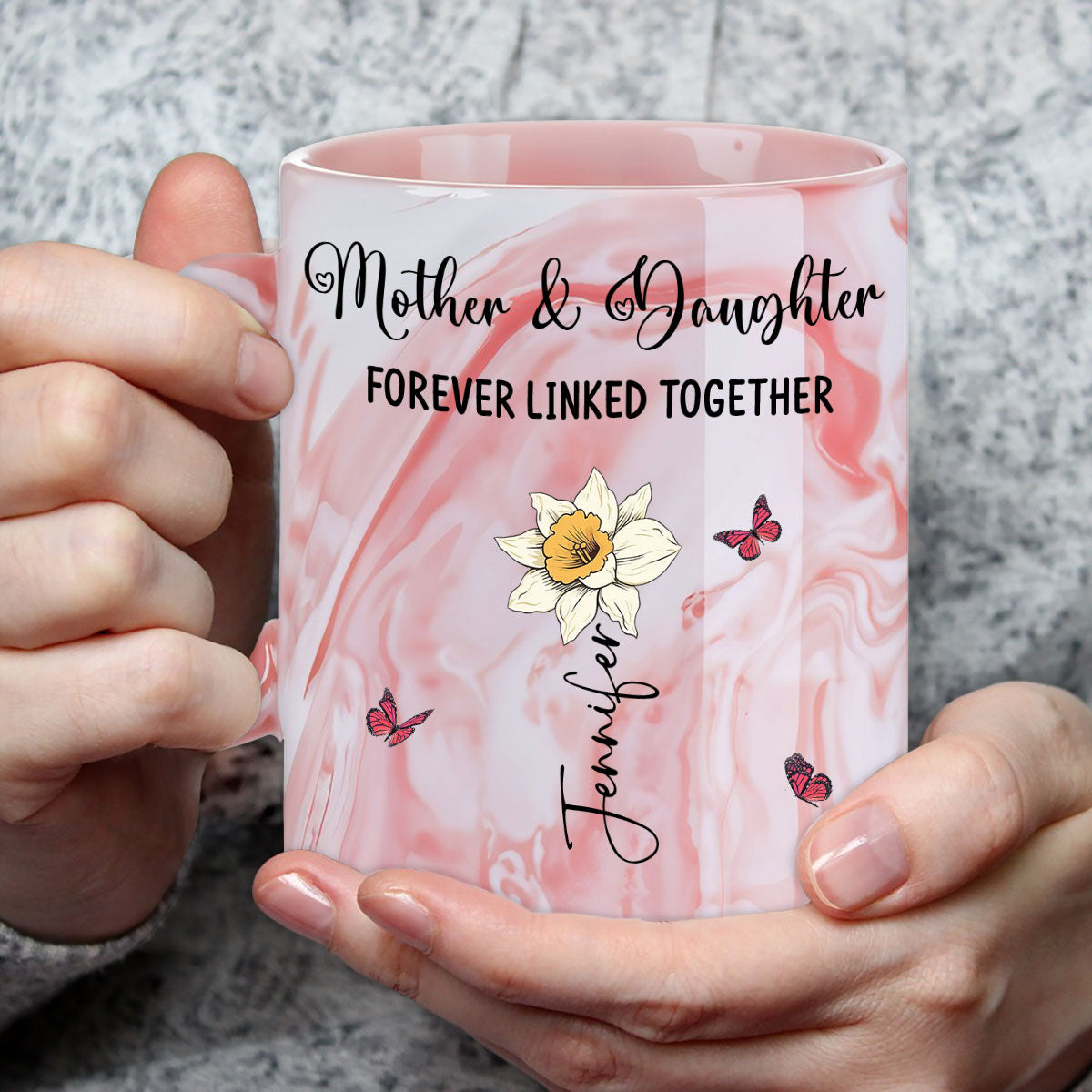 Custom Mother's Day Gift for Mom & Grandma • Mom And Daughter Forever Linked Together - Personalized Pink Marble Mug