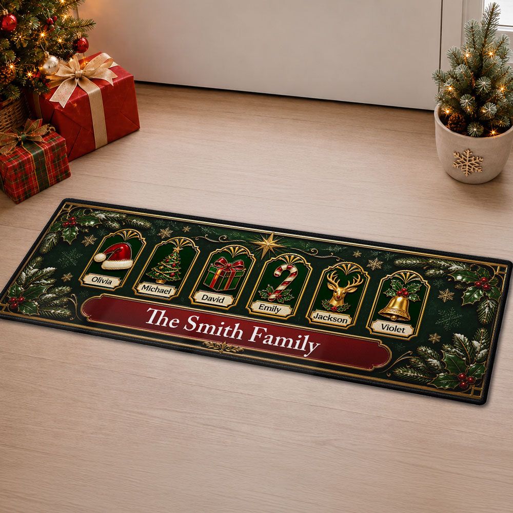 Custom Family Name Christmas Rug, Holiday Gift For Family Members • Jolly Jingle Gift Hat - Personalized Runner Rug