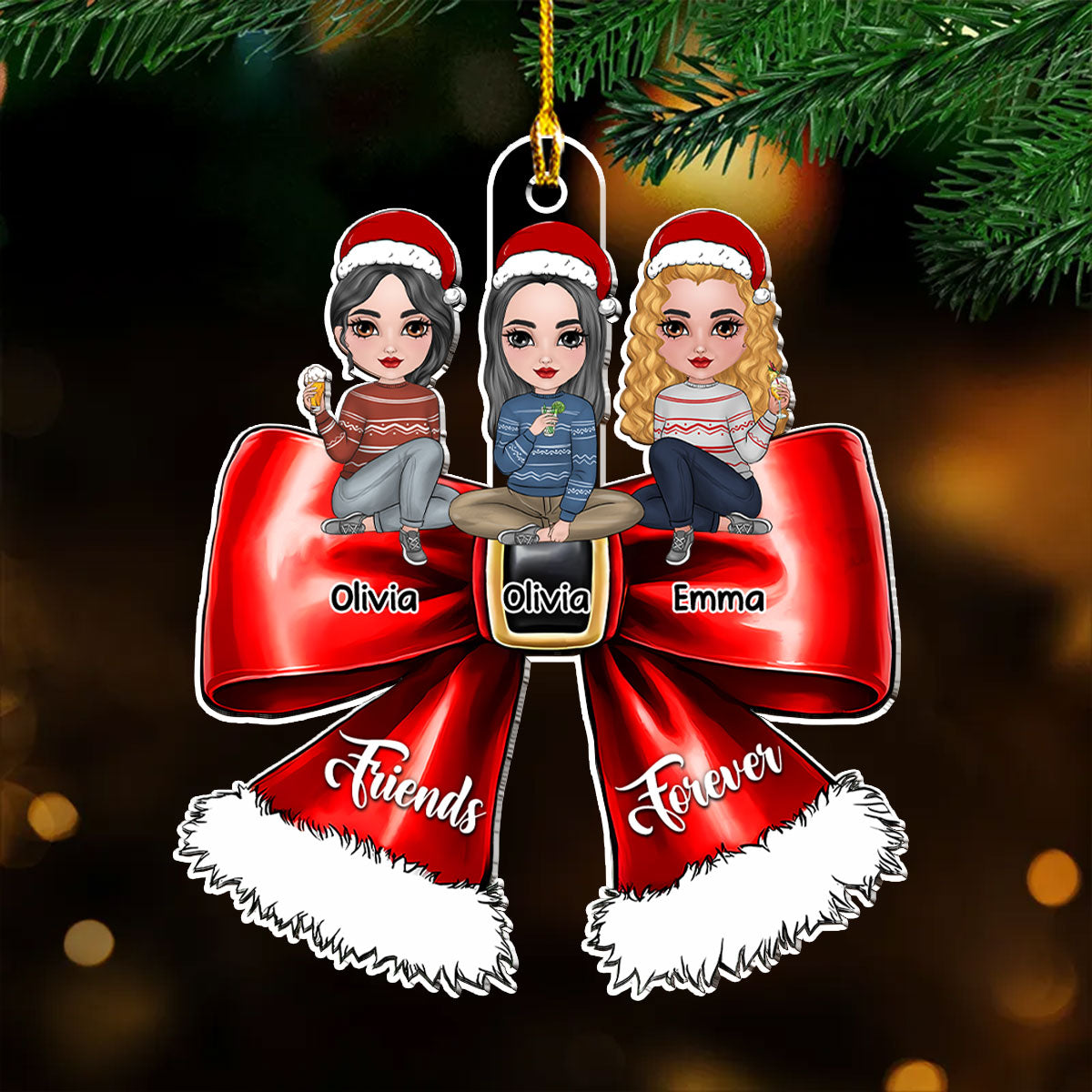 Custom Friendship Christmas Ornament, Best Friend Gift •  Bestie Sitting On Bowtie - Personalized Acrylic Ornament