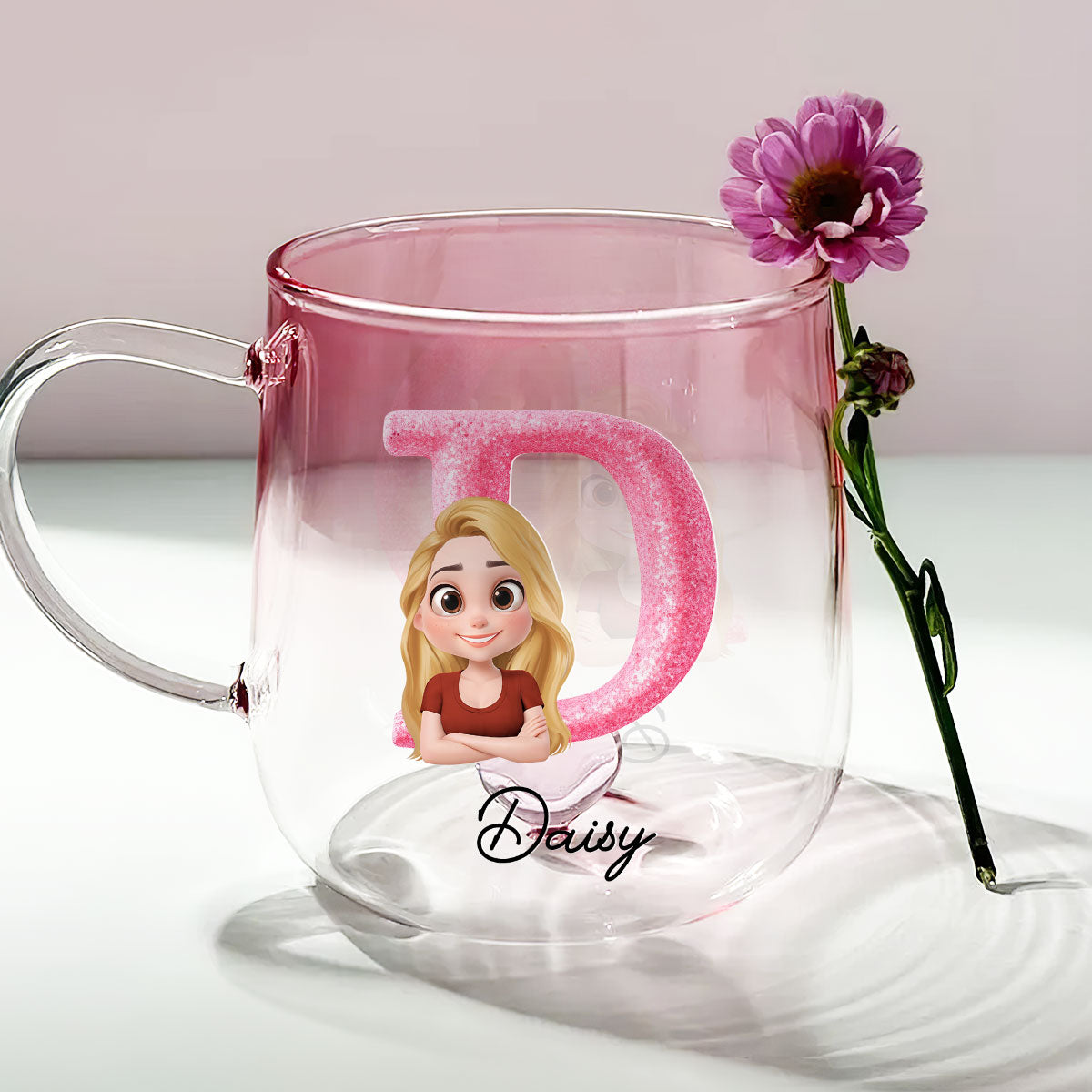 Custom Best Friend, Christmas & Birthday Friendship Keepsake Gift • Glitter Alphabet Cartoon - Personalized Pink Gradient Glass Mug