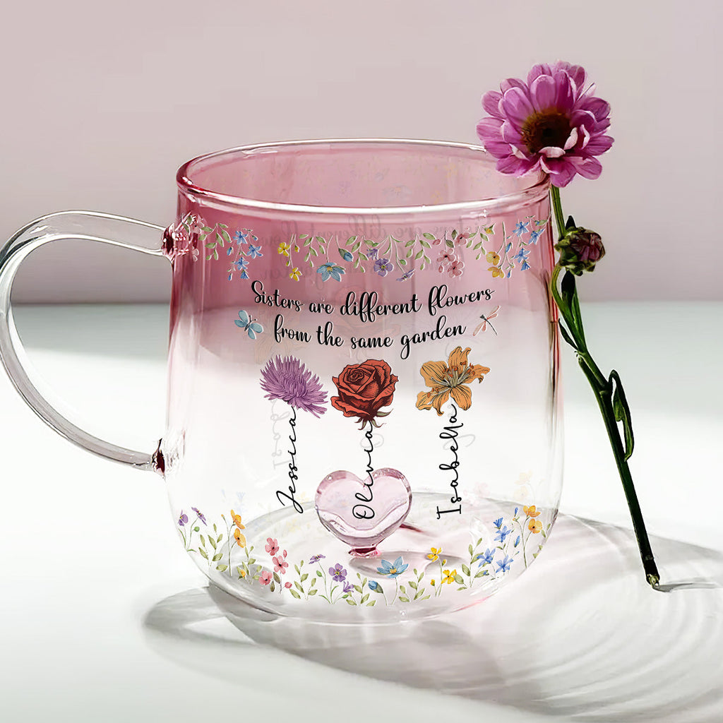 Custom Name & Birth Flower Birthday, Christmas Gift for Best Friend • Sisters Are Different Flowers From The Same Garden - Personalized Pink Gradient Glass Mug