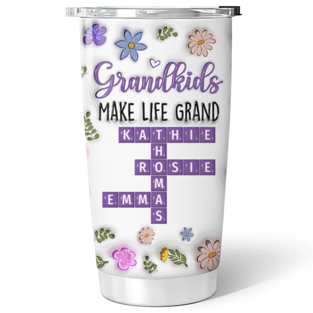 Custom Christmas Birthday Gifts For Grandma • Grandkids Make Life Grand Crossword Puzzle - Personalized 3D Inflated Effect Tumbler