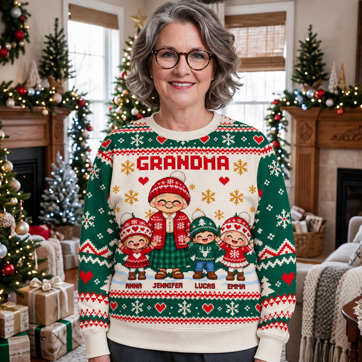 Custom Grandma Christmas Sweatshirt, Gift for Mothers • Grandma With Kids - Personalized All-Over-Print Sweatshirt