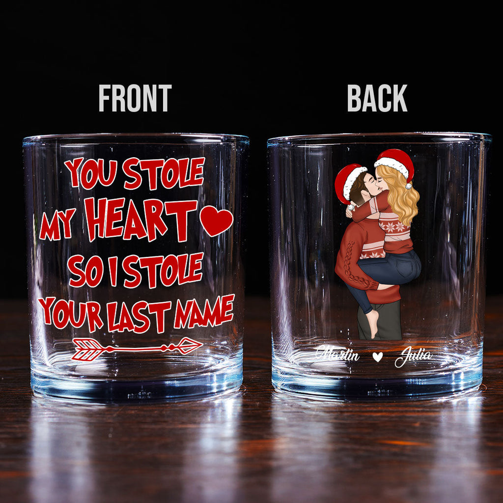 Custom Christmas Anniversary Birthday Drinkware Gifts for Couple • You Stole My Heart - Personalized Whiskey Glass