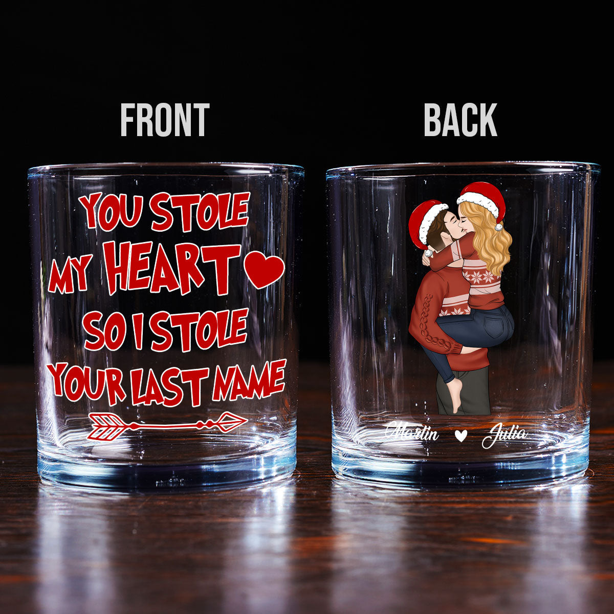 Custom Christmas Anniversary Birthday Drinkware Gifts for Couple • You Stole My Heart - Personalized Whiskey Glass