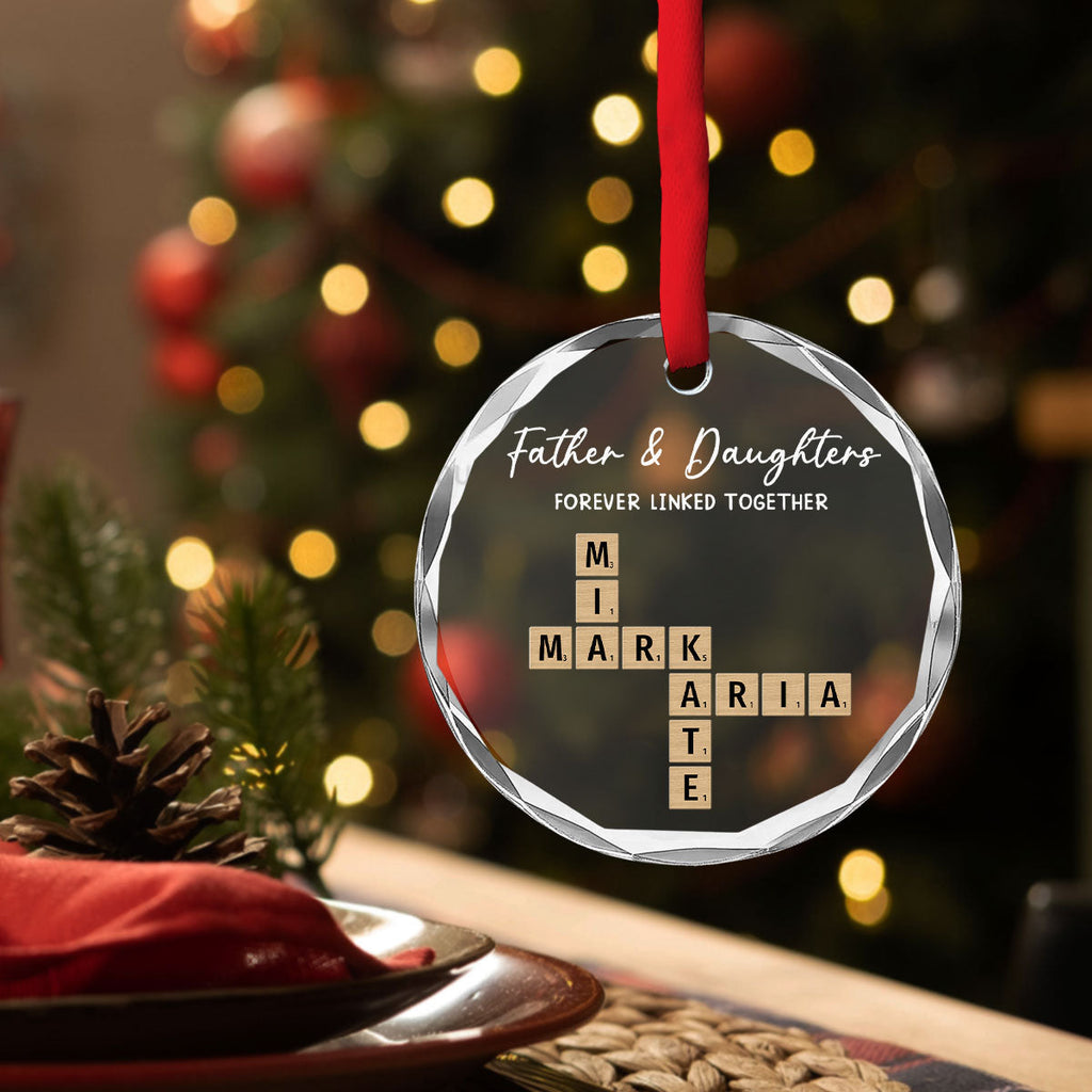 Custom Family Ornament, Christmas Gift for Family Members •  Father With Daughters Linked By Love - Personalized Glass Ornament