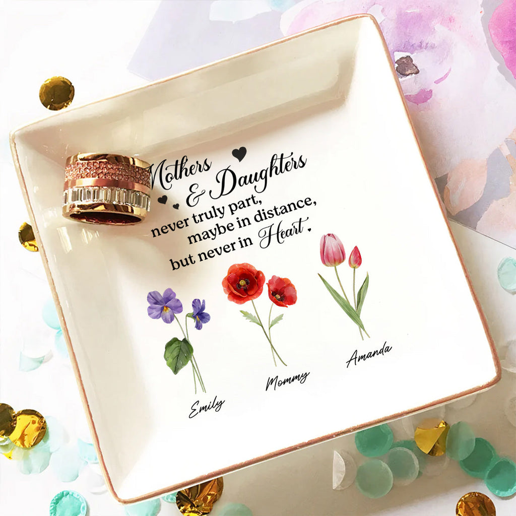 Custom Birth Flower Daughter Trinket Dish, Meaningful Birthday Gift For Her • Mother And Daughter - Personalized Jewelry Dish