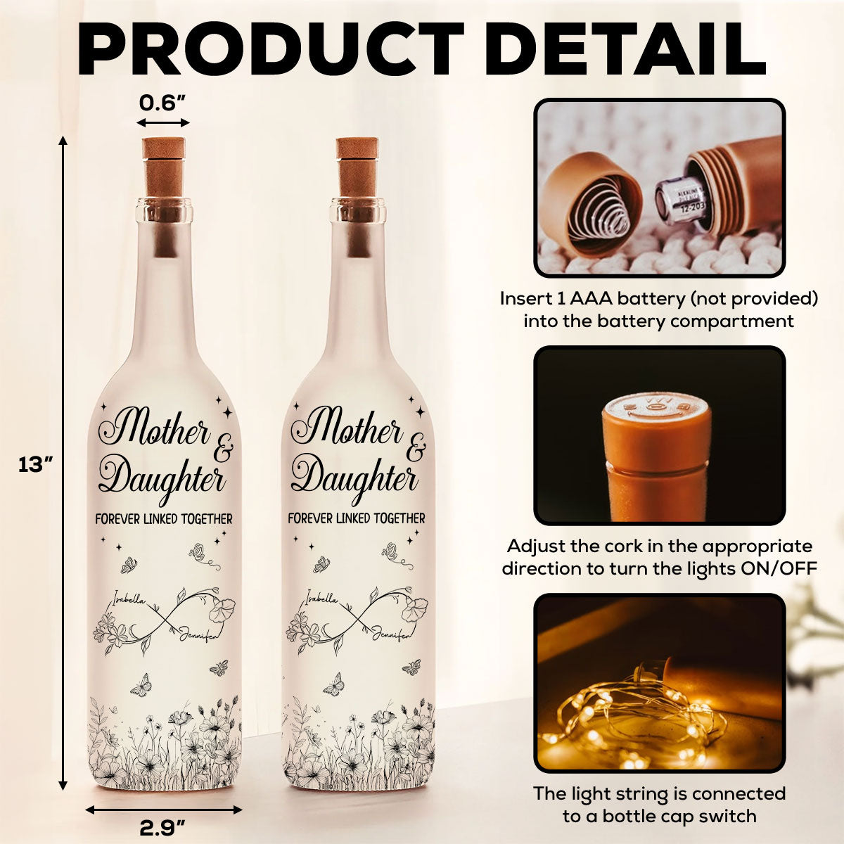 Mother And Daughter Forever Linked Together - Personalized Bottle Lamp