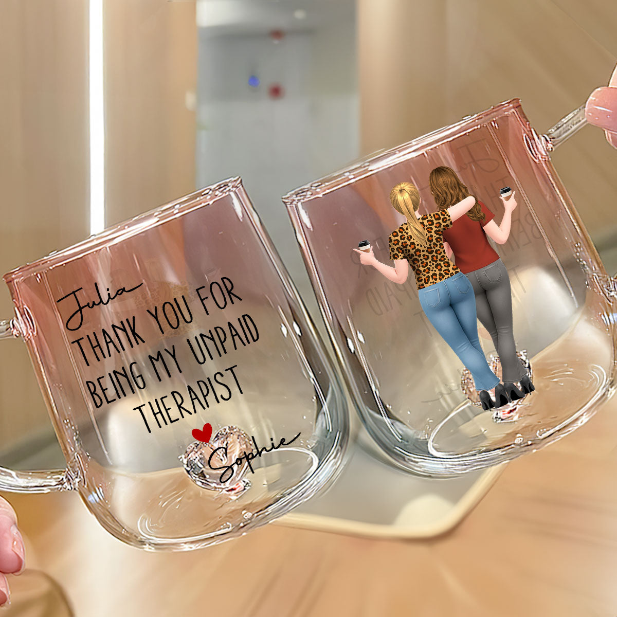 Custom Best Friend, Christmas & Birthday Friendship Keepsake Gift • My Unpaid Therapist Version 2 - Personalized Pink Gradient Glass Mug