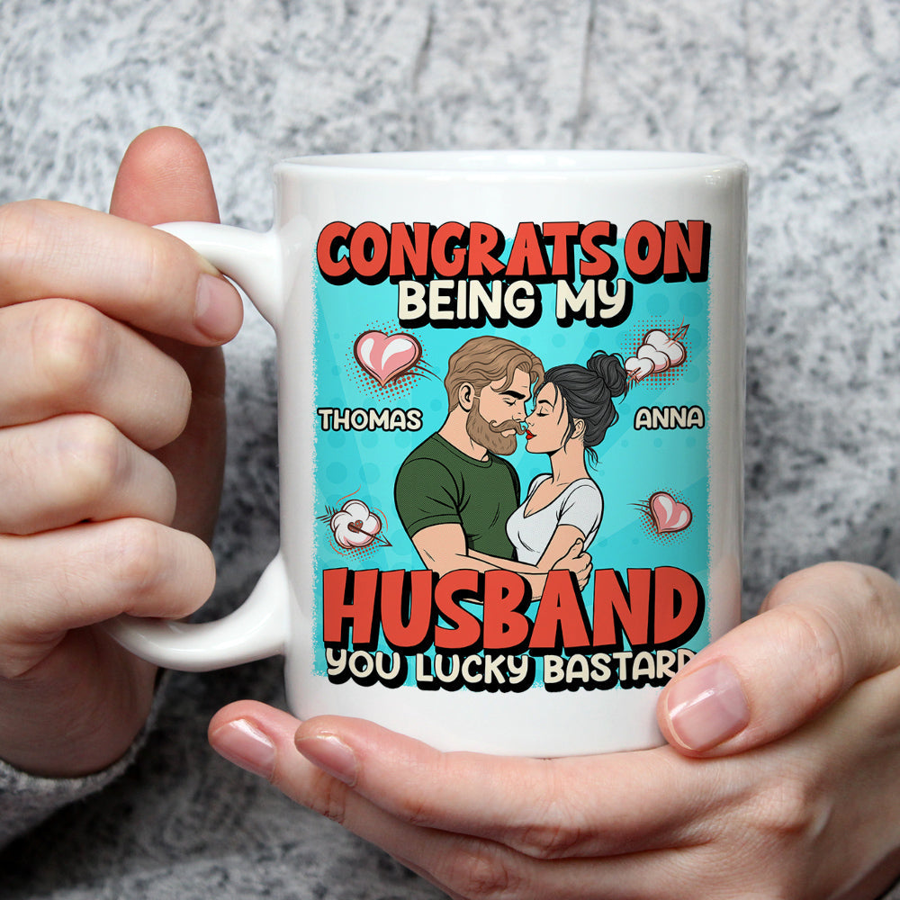 Custom Anniversary Keepsake Gifts For Couple • Congrats On Being My Husband Retro Style - Personalized Coffee Mug