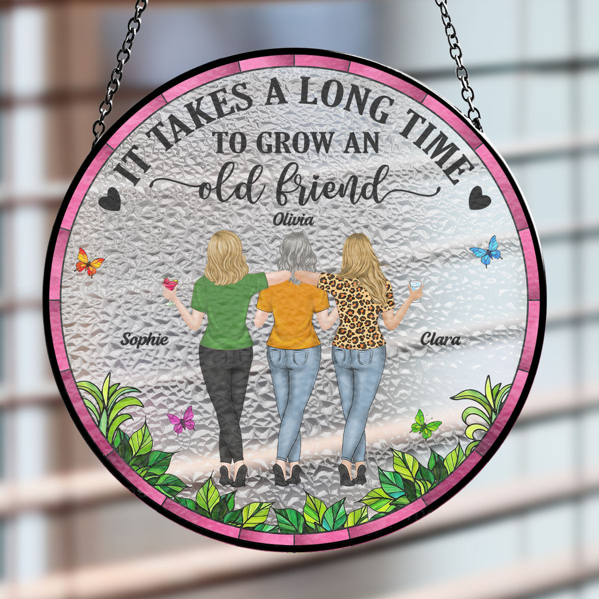 Custom Best Friend Hanging Decor, Friendship Birthday Gifts • Grow Old Friends - Personalized Window Hanging Suncatcher