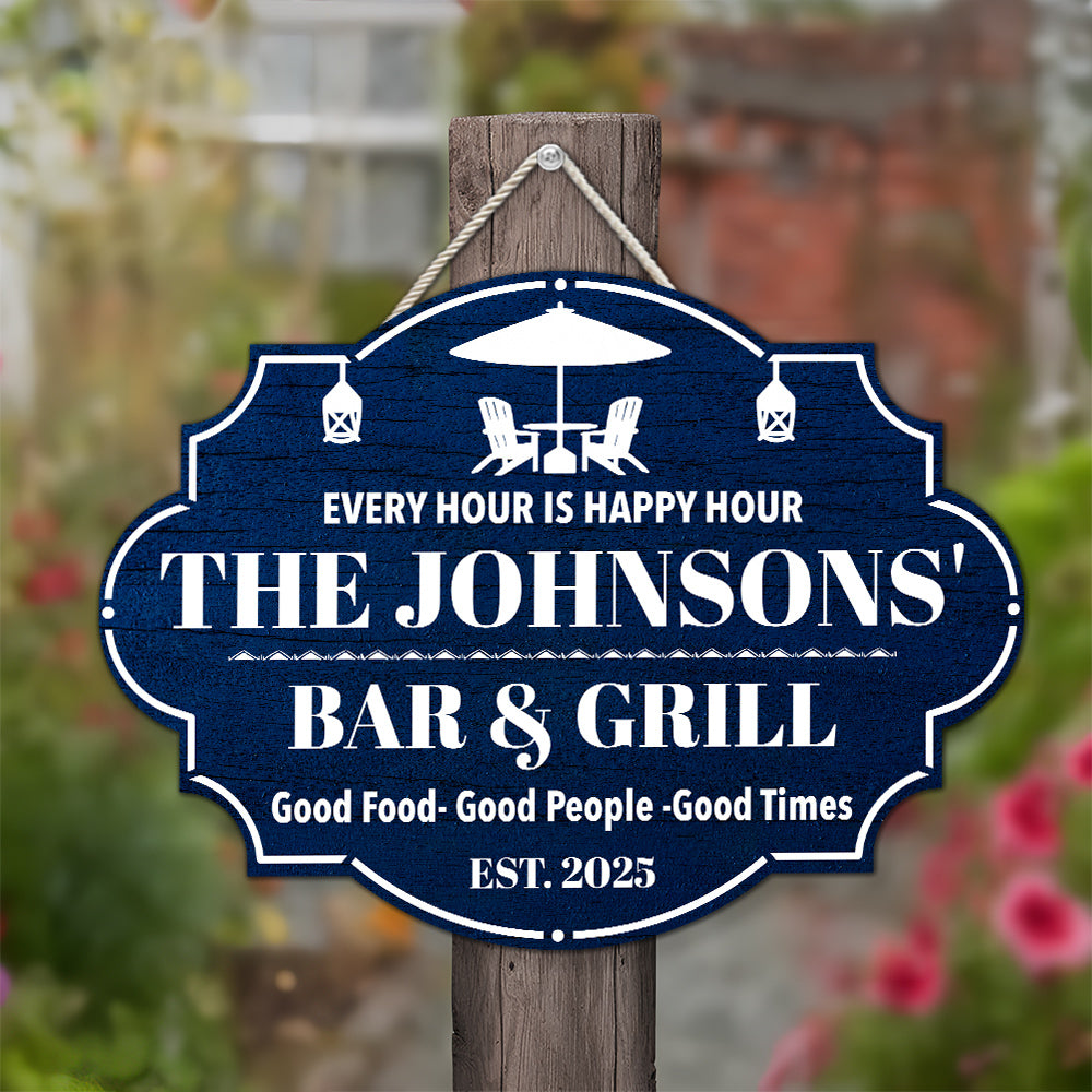 Custom Family Summer Backyard, Patio & Porch Decor • Happy Hour - Personalized Wood Sign