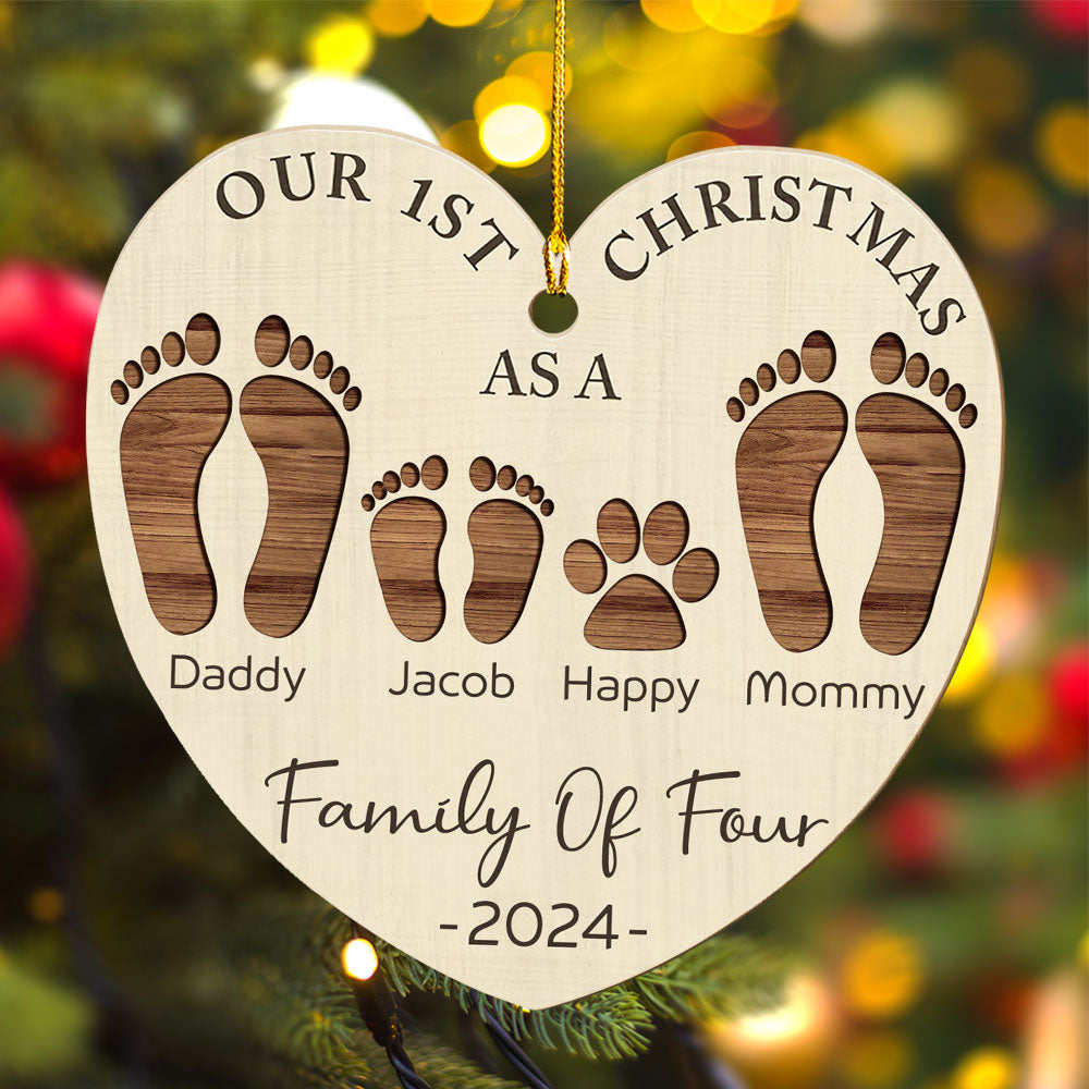 Custom Family First Christmas Ornament •  First Christmas As A Family Footprints - Personalized Wood Ornament