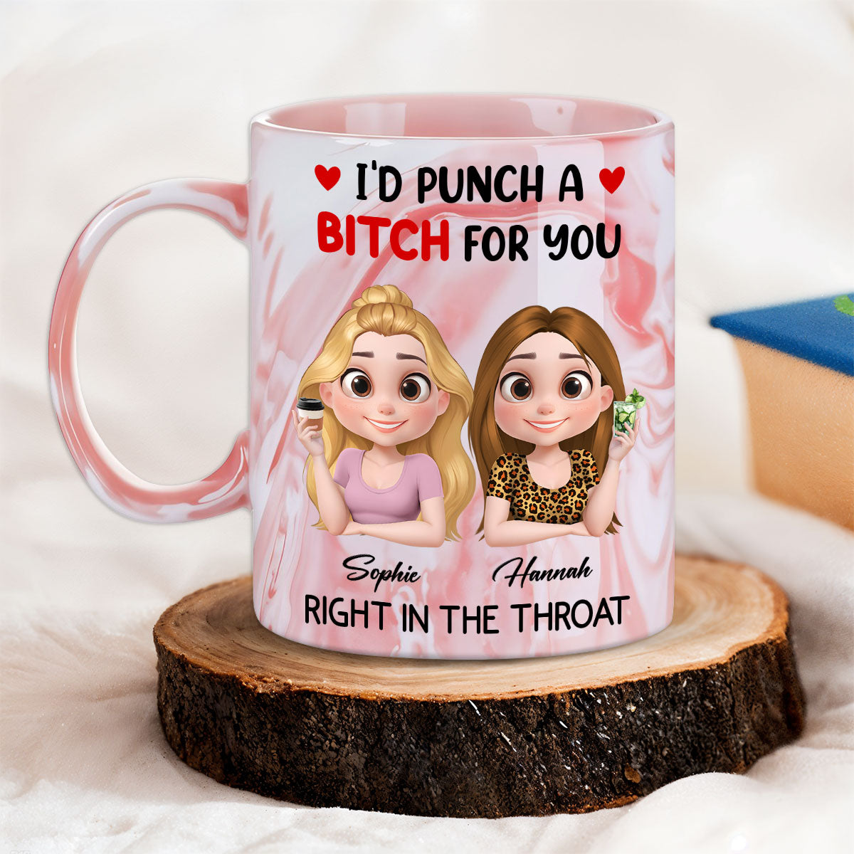 Custom Best Friend, Christmas & Birthday Friendship Keepsake Gift • I Punch A Bitch For You My Besties - Personalized Pink Marble Mug